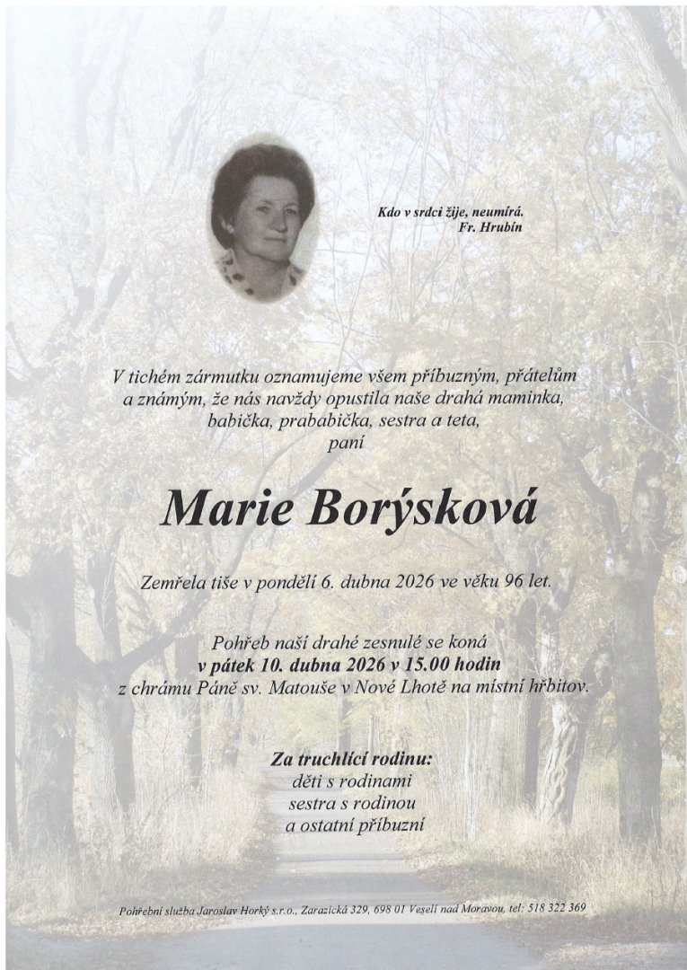 Úmrtní oznámení - Marie Borýsková